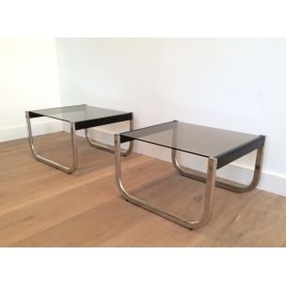 Image 1 of Paire de tables d'appoint vintage en chrome, bois noirci et verre, 1970