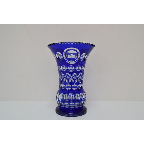 Image 1 of Vase vintage en cristal de plomb bleu cobalt taillé à la main par Caesar Crystal Bohemiae Co, années 1980
