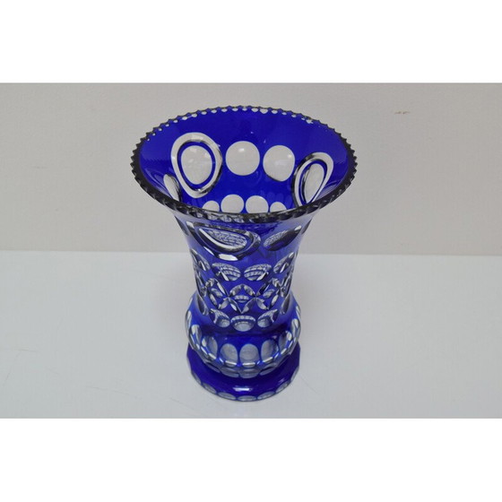 Image 1 of Vase vintage en cristal de plomb bleu cobalt taillé à la main par Caesar Crystal Bohemiae Co, années 1980