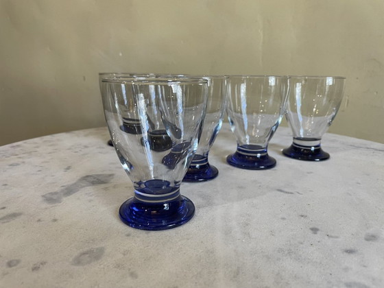 Image 1 of 6 X Art Deco 1930s Water Glasses Wine Glasses Blue Foot French