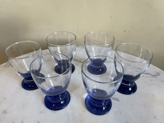 Image 1 of 6 X Art Deco 1930s Water Glasses Wine Glasses Blue Foot French