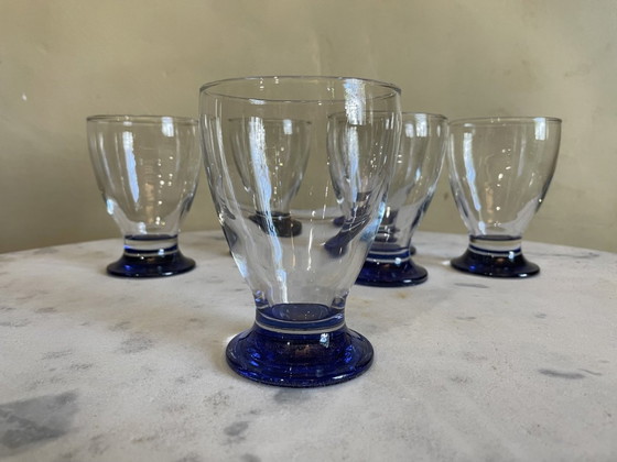 Image 1 of 6 X Art Deco 1930s Water Glasses Wine Glasses Blue Foot French