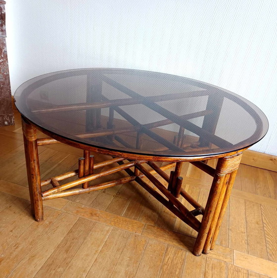 Image 1 of Grande Table Télescopique En Rotin Vers 1970