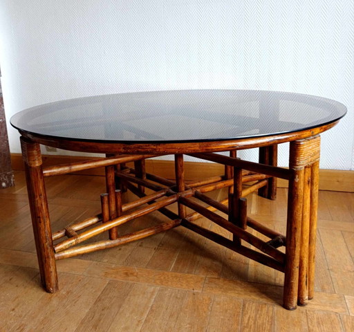 Grande Table Télescopique En Rotin Vers 1970