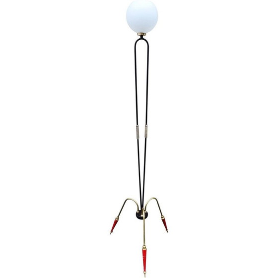 Image 1 of Vintage tripod floor lamp in steel, brass and opaline, 1950