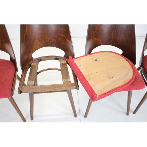 Ensemble de 4 chaises de salle à manger vintage en bois et tissu par Oswald Haerdtl pour Thonet, Tchécoslovaquie années 1960