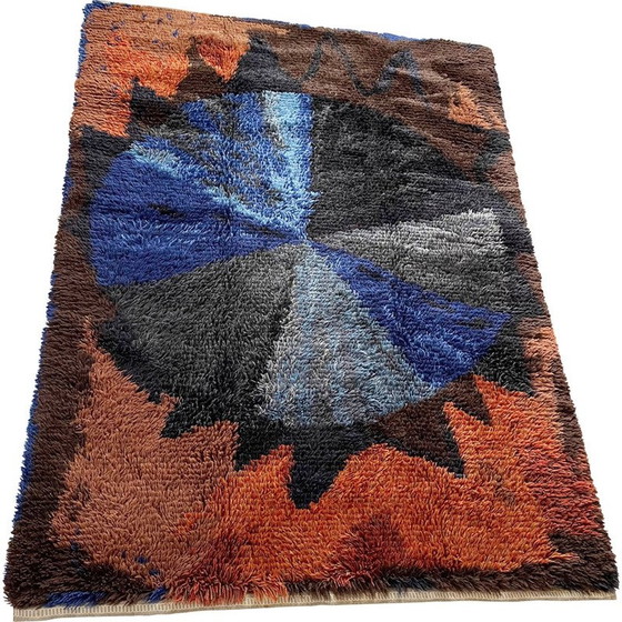 Image 1 of Tapis vintage Rya à longs poils en laine multicolore, Suède, années 1960