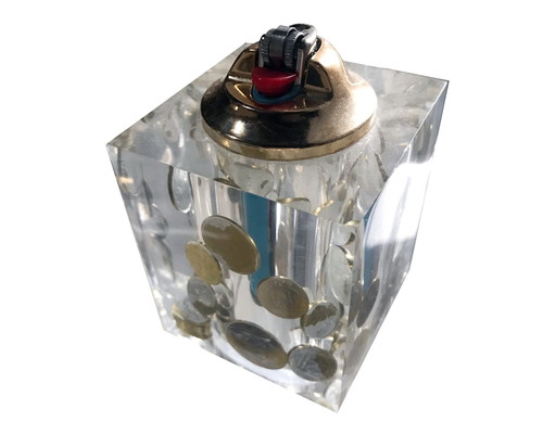 Briquet De Table Vintage • Résine Inclusions De Pièces • Pierre Giraudon • Space Age • 1970