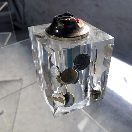 Briquet De Table Vintage • Résine Inclusions De Pièces • Pierre Giraudon • Space Age • 1970