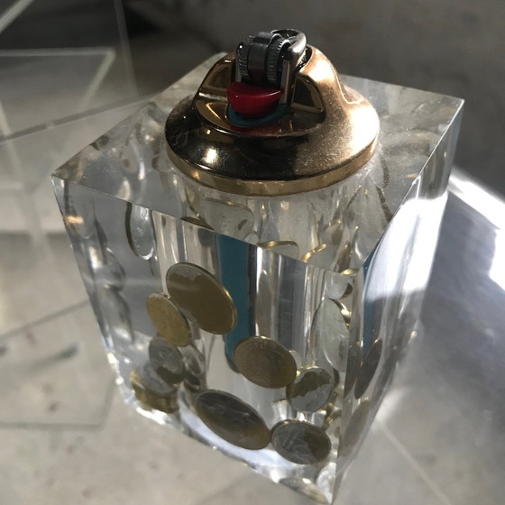 Image 1 of Briquet De Table Vintage • Résine Inclusions De Pièces • Pierre Giraudon • Space Age • 1970