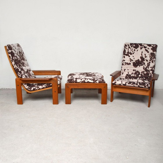 Image 1 of Paire de fauteuils vintage avec ottoman en teck et velours, Danemark 1960
