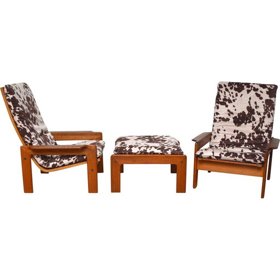 Image 1 of Paire de fauteuils vintage avec ottoman en teck et velours, Danemark 1960