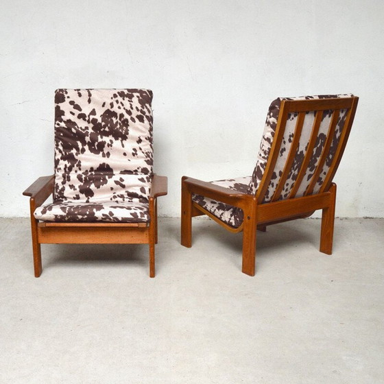 Image 1 of Paire de fauteuils vintage avec ottoman en teck et velours, Danemark 1960
