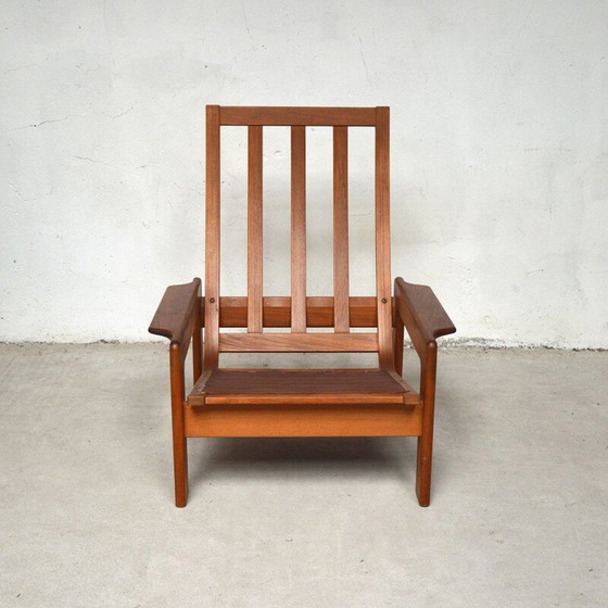 Image 1 of Paire de fauteuils vintage avec ottoman en teck et velours, Danemark 1960