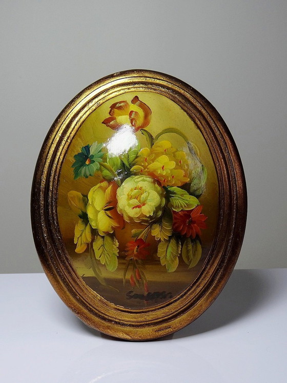Image 1 of Petit Tableau Médaillon Huile Sur Bois Bombé Italien Vintage Bouquet De Fleurs