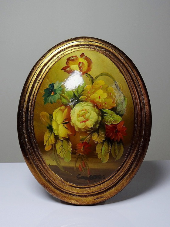 Image 1 of Petit Tableau Médaillon Huile Sur Bois Bombé Italien Vintage Bouquet De Fleurs