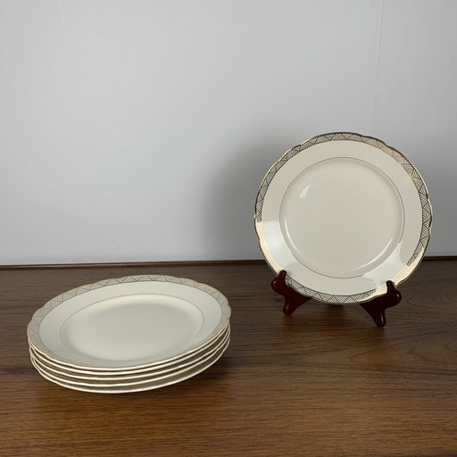 Ensemble de 6 assiettes plates Villeroy & Boch blanc et or, 1950