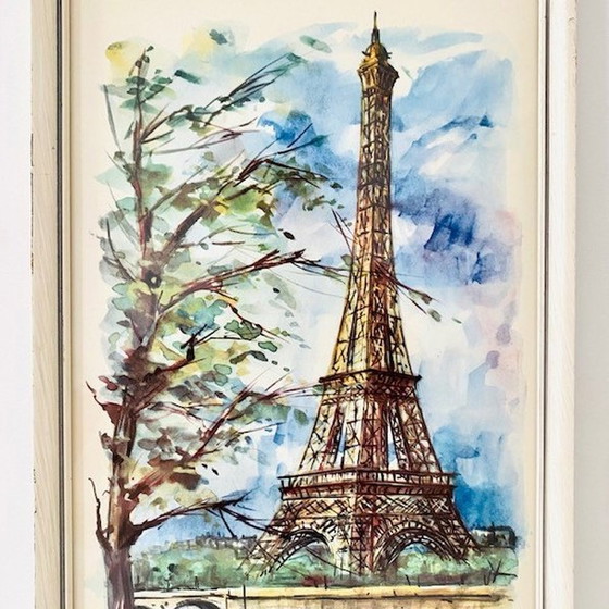 Image 1 of Peinture aquarelle Mid Century Paris Tour Eiffel Arno 1970