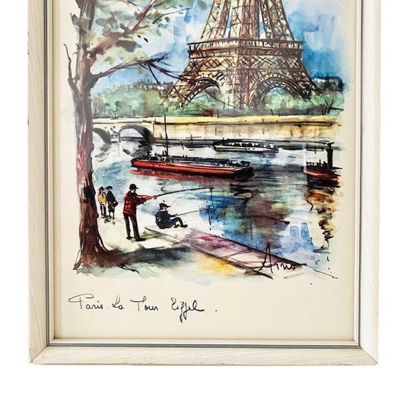 Image 1 of Peinture aquarelle Mid Century Paris Tour Eiffel Arno 1970