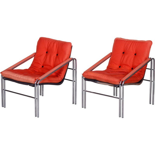 Paire de fauteuils du milieu du siècle en acier et tissu, Tchécoslovaquie, années 1960