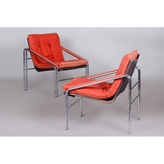 Image 1 of Paire de fauteuils du milieu du siècle en acier et tissu, Tchécoslovaquie, années 1960