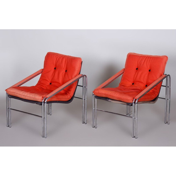 Image 1 of Paire de fauteuils du milieu du siècle en acier et tissu, Tchécoslovaquie, années 1960