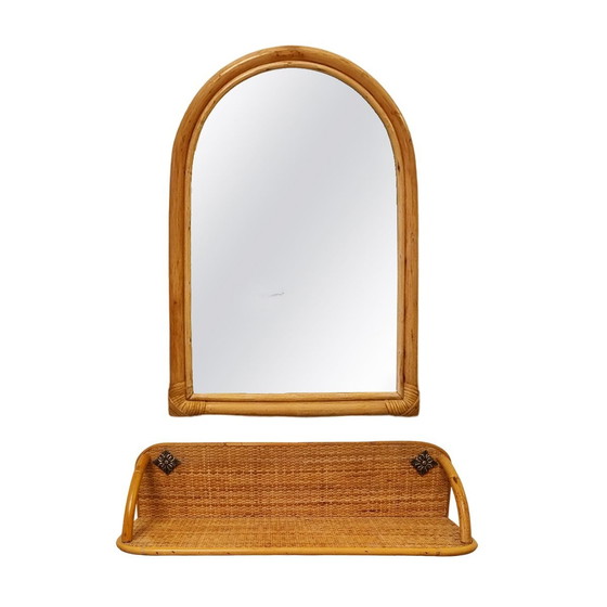 Image 1 of Magnifique miroir et console en bambou et rotin des années 1960. Fabriqué en Italie