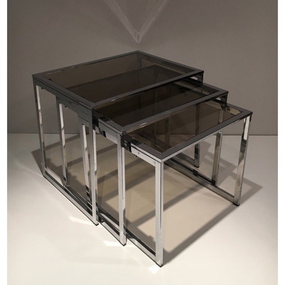 Image 1 of Tables gigognes vintage chromées avec plateaux en verre fumé, 1970