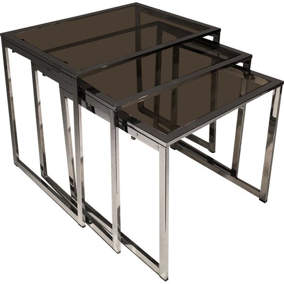Image 1 of Tables gigognes vintage chromées avec plateaux en verre fumé, 1970