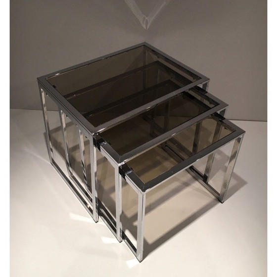 Image 1 of Tables gigognes vintage chromées avec plateaux en verre fumé, 1970