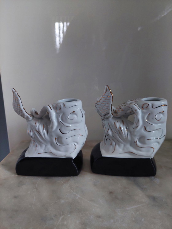 Image 1 of 2X Bougeoirs Chinois avec Oiseau Phénix et Boule d'Or Chinois - Poterie