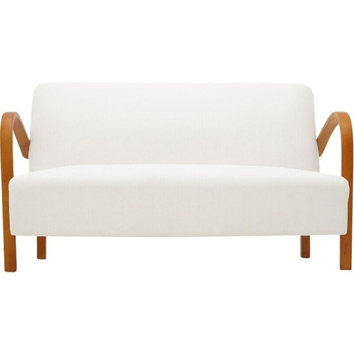 Canapé vintage 2 places en bois tapissé et tissu blanc, Italie 1940
