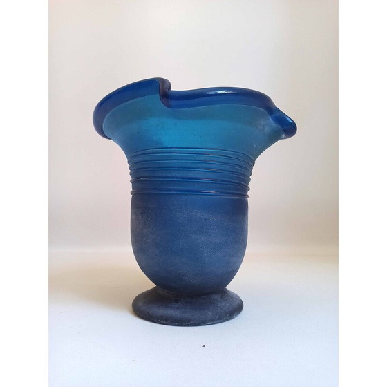 Image 1 of Vase d'extérieur vintage en verre de Murano bleu givré, 1970