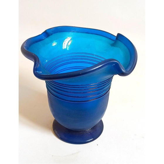 Image 1 of Vase d'extérieur vintage en verre de Murano bleu givré, 1970