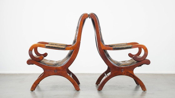 Image 1 of 2 x Fauteuil Chesterfield en cuir de boeuf vintage vert