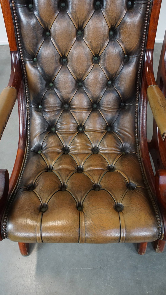 Image 1 of 2 x Fauteuil Chesterfield en cuir de boeuf vintage vert