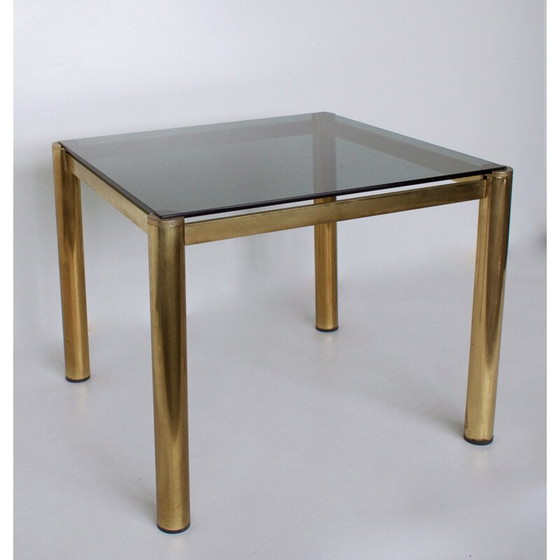 Image 1 of Table basse carrée vintage, verre fumé et laiton, 1980