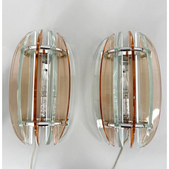 Image 1 of Paire d'appliques vintage en verre de Murano et chrome par Veca, Italie