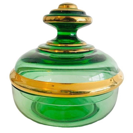 Boîte à poudre de style Art Déco en verre vert 1950