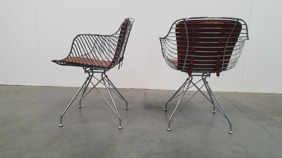 Image 1 of 2 Design Wire Chairs Chrome With Cognac Seat Pads