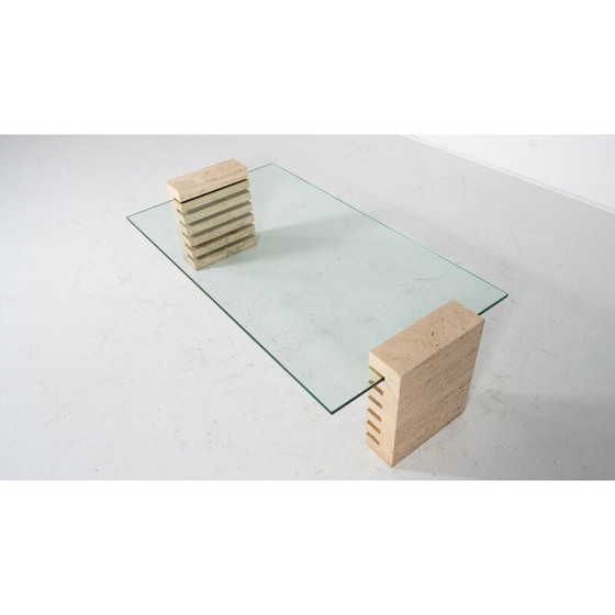 Image 1 of Table basse vintage en verre et travertin, Italie 1970