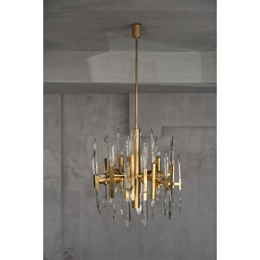 Lustre vintage italien en laiton et verre par Gaetano Sciolari, 1970