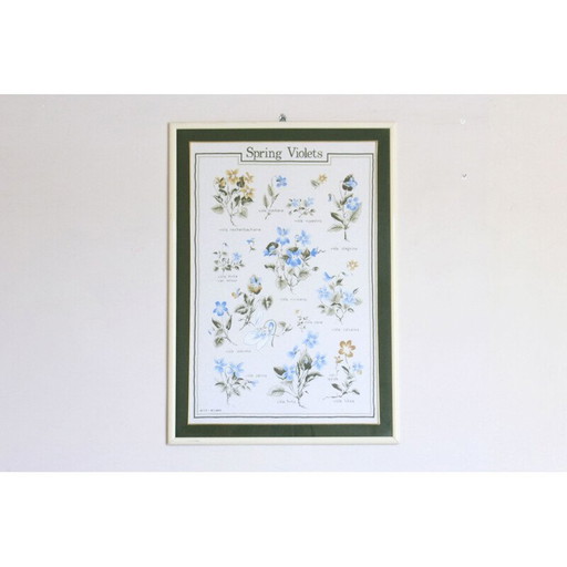 Peinture vintage de violettes avec un cadre en bois, 1960