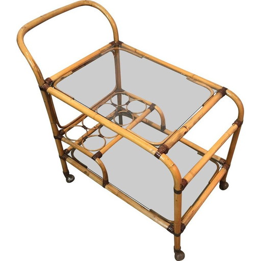 Chariot vintage en rotin et cuir, France 1950