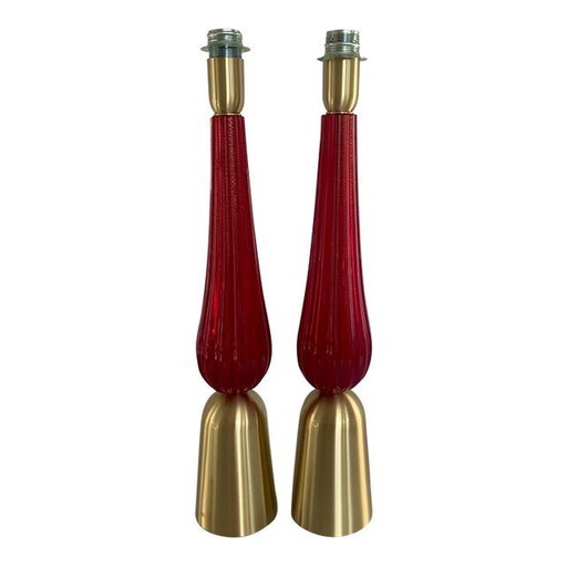 Lot de 2 lampes de table en verre de Murano rouge et or avec abat-jour