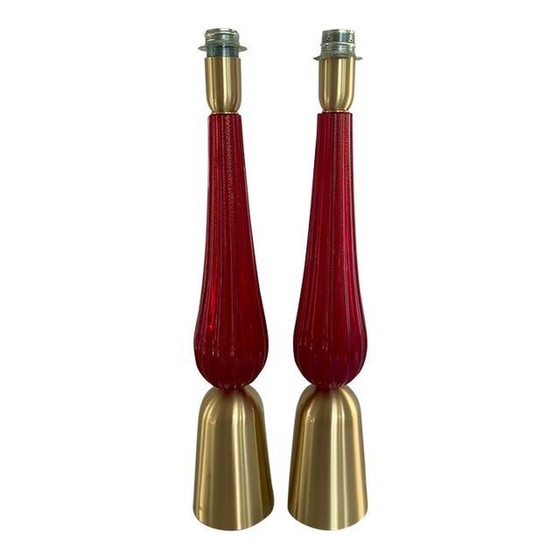 Image 1 of Lot de 2 lampes de table en verre de Murano rouge et or avec abat-jour