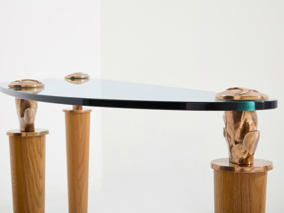 Image 1 of Table console en chêne massif et verre bronze Garouste & Bonetti 1995
