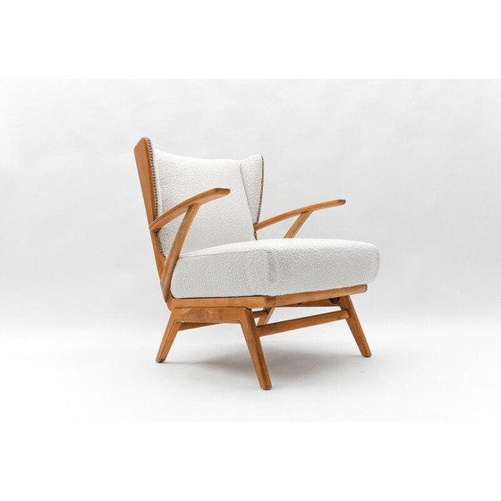 Image 1 of Fauteuil à oreilles vintage en tissu Boucle blanc et bois, Italie 1950