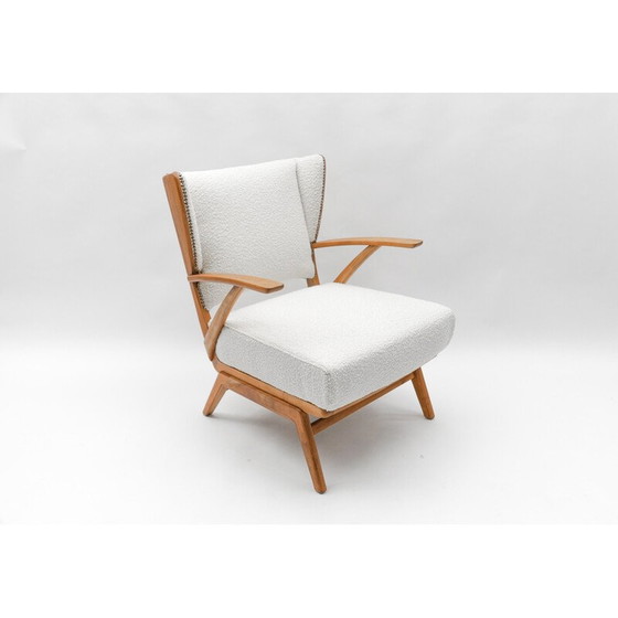 Image 1 of Fauteuil à oreilles vintage en tissu Boucle blanc et bois, Italie 1950