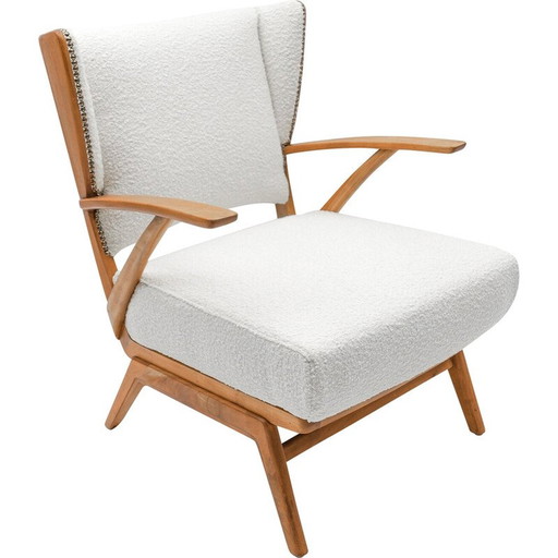 Fauteuil à oreilles vintage en tissu Boucle blanc et bois, Italie 1950